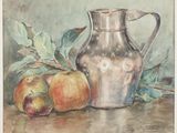 a painting of a pitcher and two apples on a table