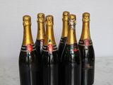 six bottles of champagne are lined up on a marble table