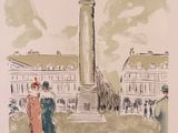 dessin représentant un monument dans un parc, entouré de personnes