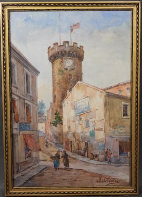 peinture d'une scène de rue avec une tour d'horloge en arrière-plan