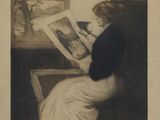 an old picture of a woman sitting in a chair reading a book