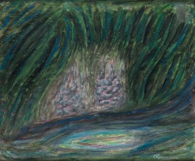 une image représentant une peinture d'une cascade dans une forêt