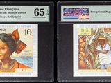trois timbres sur lesquels figurent une femme et un homme