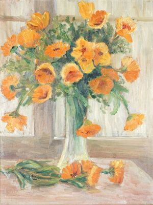 tableau représentant un vase de fleurs jaunes posé sur une table devant une fenêtre