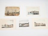 trois anciennes aquarelles représentant une ville avec des bateaux et des bâtiments
