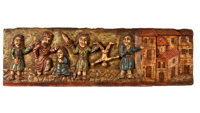 an image of a wooden plaque with a group of people on it
