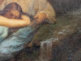 a painting of a man and a woman sitting on a rock