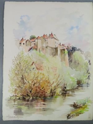 watercolor painting of a castle on a hill overlooking a river