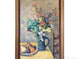 painting of a vase of flowers and fruit on a table next to a plate of fruit