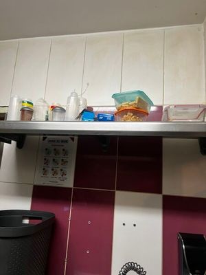 une étagère métallique au-dessus d'un évier de cuisine remplie de nourriture