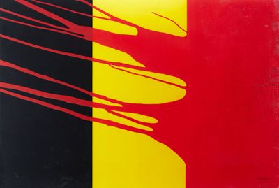 une photo d'un drapeau rouge, jaune et noir au dos d'un skateboard