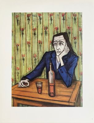 a painting of a man sitting at a table with a bottle of beer