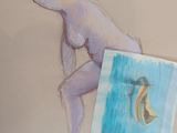 painting of a woman in a blue dress standing next to a drawing of a banana
