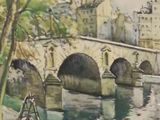 a painting of a bridge over a river with buildings in the background