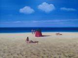 a painting of a beach scene with people sitting on the sand