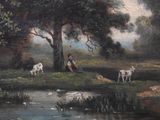 a painting of a man sitting under a tree by a river