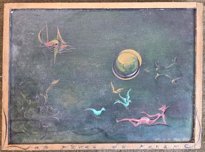 a painting of birds and a ball on a blackboard