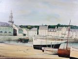 a painting of a boat in a harbor with buildings in the background