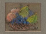 a painting of fruit in a basket on a table