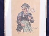 painting of a woman holding a flower in her right hand and wearing a hat on her head