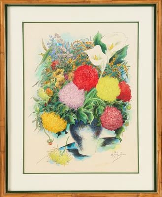 painting of a vase of flowers in a wooden frame on a wall