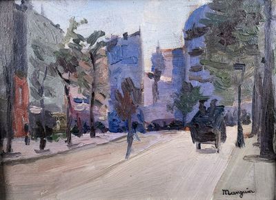 a painting of a man riding a horse drawn carriage down the street