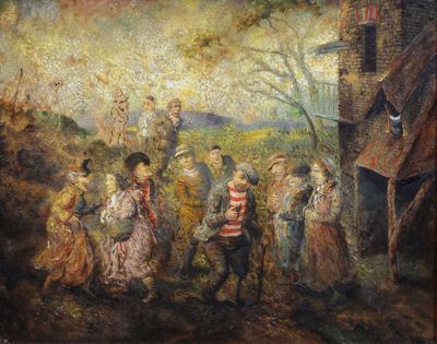 une peinture à l'huile représentant un groupe de personnes devant un bâtiment