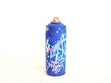 a blue spray can with a red top on a white surface