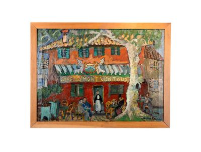 an image of a painting of a building with a tree in front of it