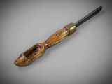 a close up of a knife with a wooden handle on a table