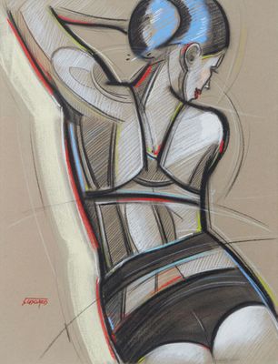 dessin représentant une femme assise sur une chaise, tenant une batte de baseball