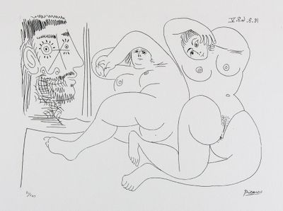 un dessin représentant un homme et une femme assis sur un lit