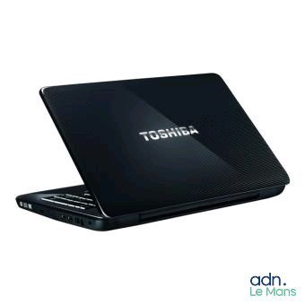 the laptop is black and has a logo on the screen