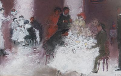une peinture représentant un groupe de personnes assises autour d'une table
