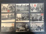 several old black and white photographs of people and animals in a town