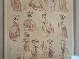 a picture of a drawing of women ' s dresses and hats