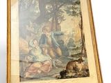 framed picture of a painting of a woman and a cat in a wooded setting