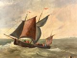 an oil painting of a boat in the ocean with people on it