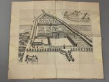 un vieux dessin représentant un palais avec une grande cour et un jardin