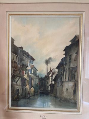tableau représentant une scène de rue avec des bâtiments et un bateau sur l'eau