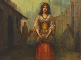 une image représentant un tableau où l'on voit une femme en robe rouge tenant un panier de fruits