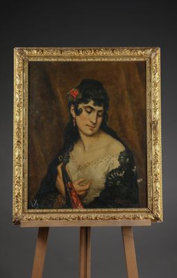 an oil painting of a woman holding a fan on a wooden easel