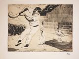 drawing of a baseball player swinging a bat at a ball
