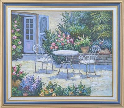 an oil painting of a table and chairs in a garden