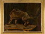 an oil painting of a dog standing on top of a wooden table