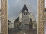 tableau représentant une vieille église avec une horloge sur sa façade