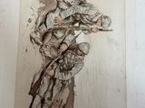drawing of a soldier with a rifle leaning against a wall