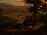 un tableau représentant un homme à cheval au milieu d'un troupeau de moutons