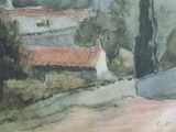 a watercolor painting of a house in the country