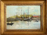 une peinture à l'huile représentant des bateaux dans un port par une journée ensoleillée